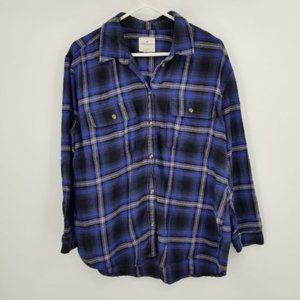 American Eagle Oversized Fit Blue and Black Plaid Flannel Shirt Size Large